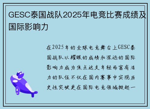 GESC泰国战队2025年电竞比赛成绩及国际影响力